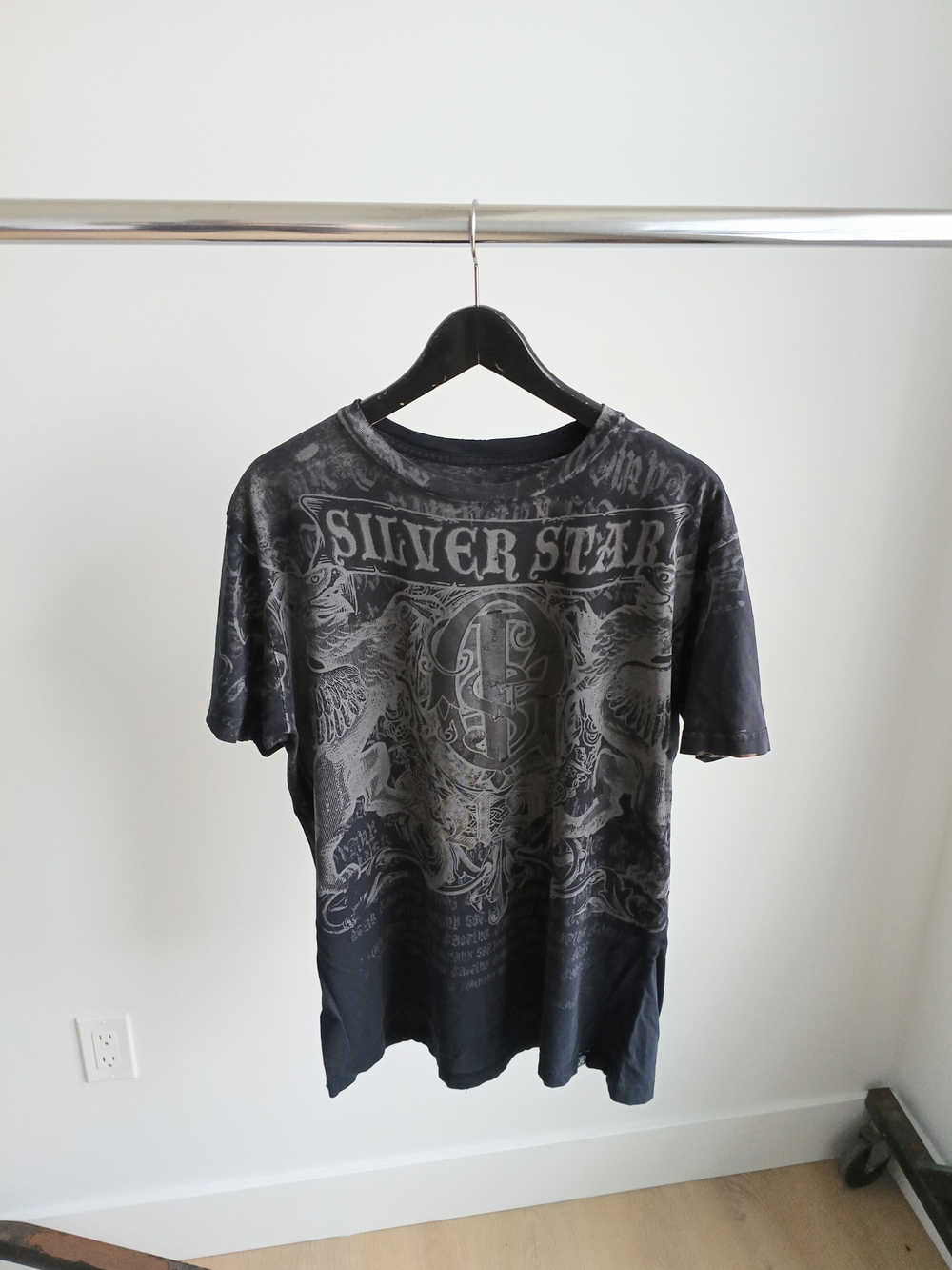 VTG Silver Star Casting Co T-Shirt XL Black MMA Grunge Fleur De Lis AOP Y2K
